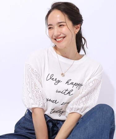 【晩夏まで活躍／5分袖】お袖レース　ロゴプリントトップス