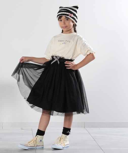 【110-140cm/2点セット】エンボスTシャツ＋チュールスカート