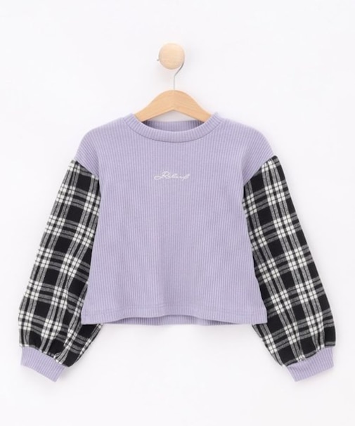 【110-140cm/セットアップ可】袖チェックドッキングトップス