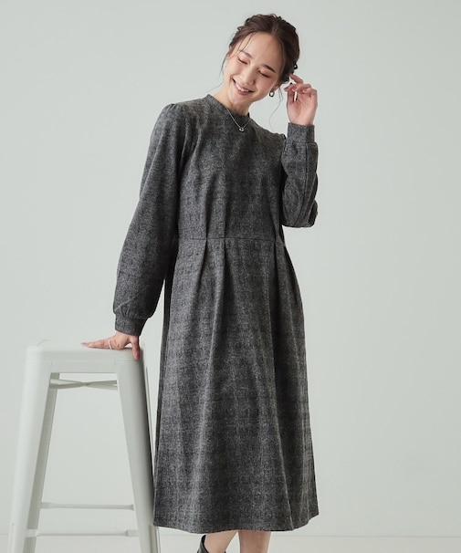 【S-LL】チェック柄 ウエストタックワンピース