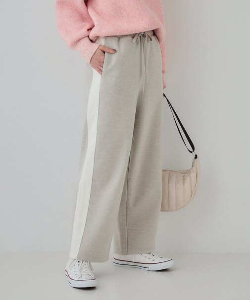 【S-LL】脚のラインをきれいに見せる サイドライン起毛イージーパンツ