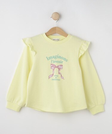 【100-120cm/洗える/姉妹リンク可】肩フリルがアクセント　アソートプリントスウェット