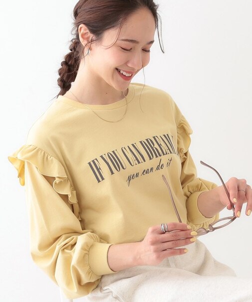 【S-LL/洗える】ショルダーフリルが目を惹く ロゴプリントロンT