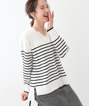 【洗える/S-LL】お顔周りすっきり 優しい肌触りのVネックニット