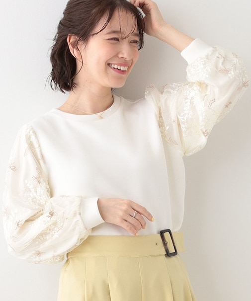 大人上品 お袖チュール刺繍 切替トップス