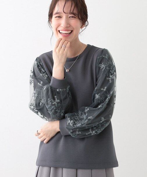 大人上品 お袖チュール刺繍 切替トップス