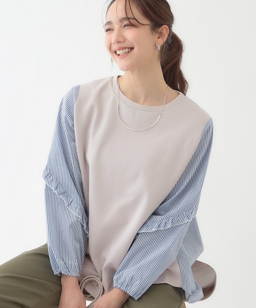 【S-LL】一枚でサマ見え お袖フリル ストライプトップス