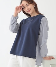 【S-LL】一枚でサマ見え お袖フリル ストライプトップス