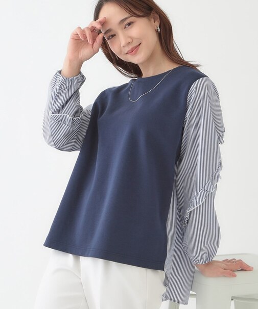 【S-LL】一枚でサマ見え お袖フリル ストライプトップス