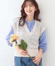 パッチワーク風 編み地切替えニットベスト