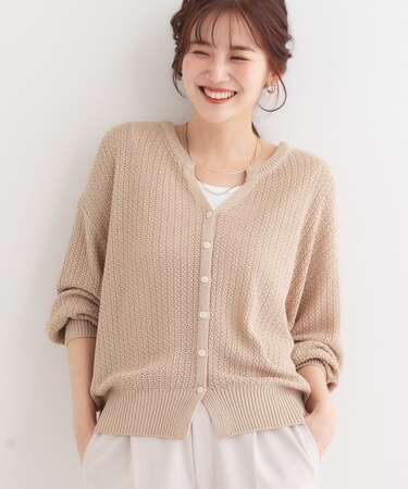 【洗える】ざっくり編みが大人かわいい キーネックカーディガン