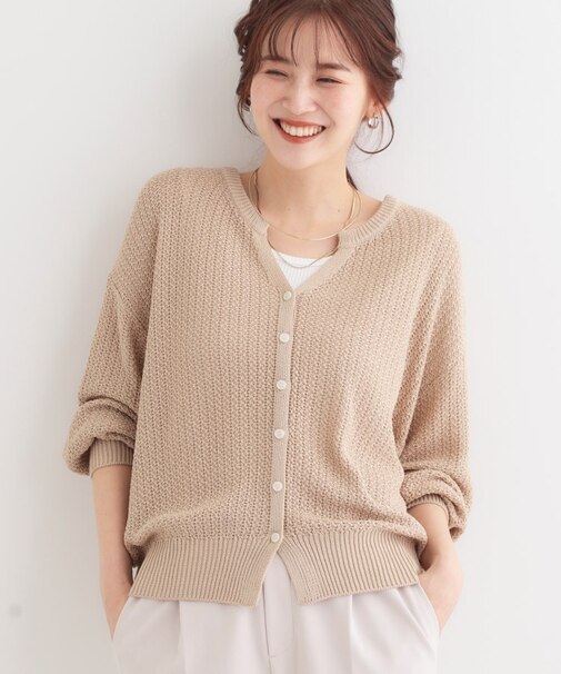 【洗える】ざっくり編みが大人かわいい キーネックカーディガン