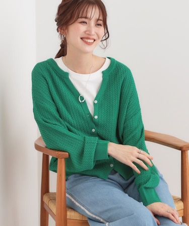 【洗える】ざっくり編みが大人かわいい キーネックカーディガン