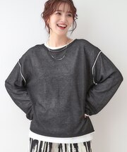 【S-LL/2枚セット】シアー感も楽しめる 光沢カノコ編み配色ニット+ロンT