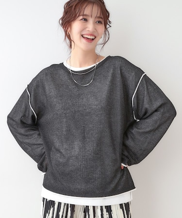 【S-LL/2枚セット】シアー感も楽しめる 光沢カノコ編み配色ニット+ロンT