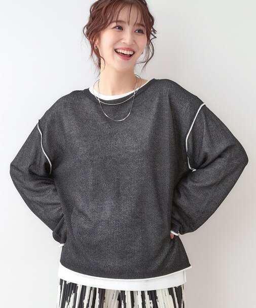 【S-LL/2枚セット】シアー感も楽しめる 光沢カノコ編み配色ニット+ロンT