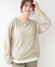 【S-LL/2枚セット】シアー感も楽しめる 光沢カノコ編み配色ニット+ロンT