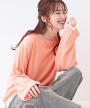 【S-LL/2枚セット】シアー感も楽しめる 光沢カノコ編み配色ニット+ロンT