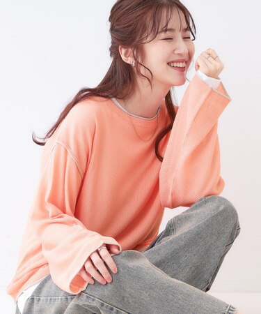 【S-LL/2枚セット】シアー感も楽しめる 光沢カノコ編み配色ニット+ロンT