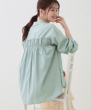 【洗える】バックギャザーがポイント 綿ワッシャー前開きシャツ