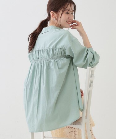 【洗える】バックギャザーがポイント 綿ワッシャー前開きシャツ