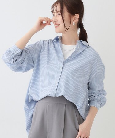 【洗える】バックギャザーがポイント 綿ワッシャー前開きシャツ