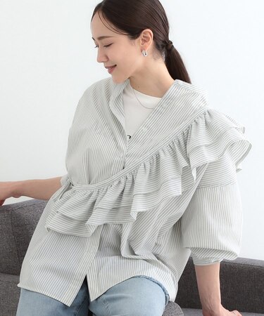 【3WAY】フリルサッシュ付きバンドカラーシャツ