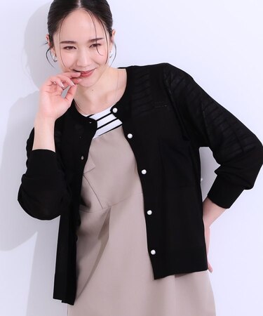 【洗える/ひんやり】パール調ボタンが目を惹く シアーニットカーディガン