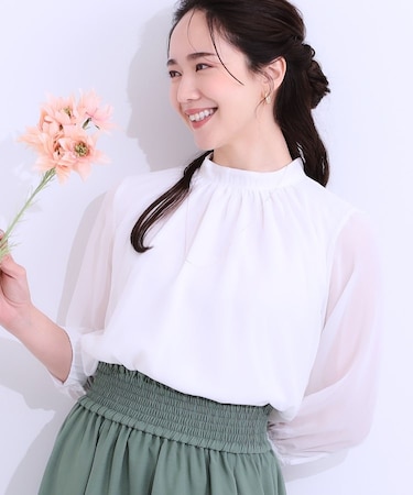 【S-LL】首元ギャザーが大人上品な シフォンブラウス