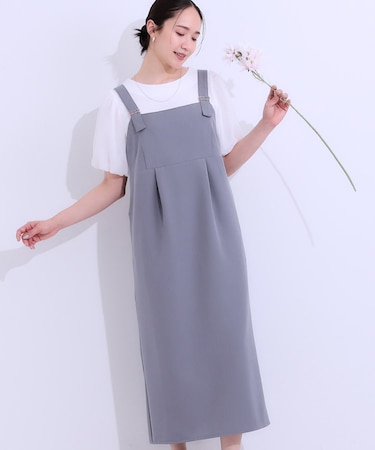 【S-LL/肩紐調整可能】Iラインシルエットですっきりと タック切替ジャンドレ