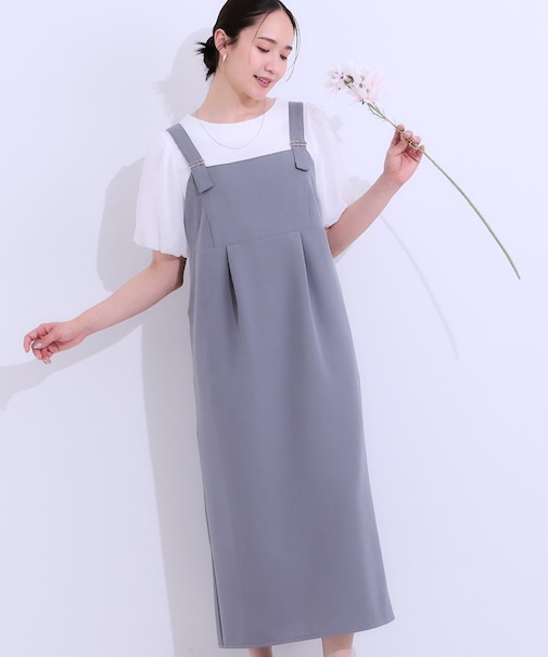 【S-LL/肩紐調整可能】Iラインシルエットですっきりと タック切替ジャンドレ