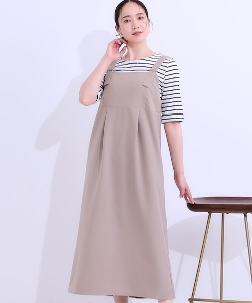 【S-LL/肩紐調整可能】Iラインシルエットですっきりと タック切替ジャンドレ