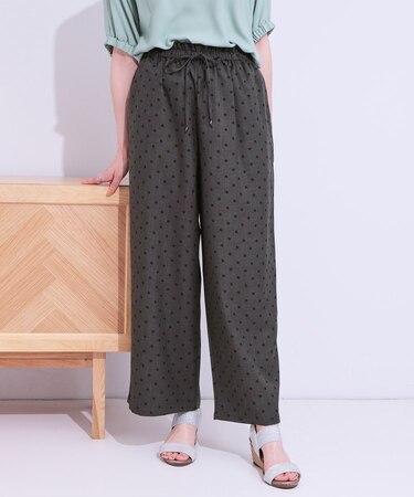 【S-LL】目を惹く柄がアクセント 麻調イージーワイドパンツ