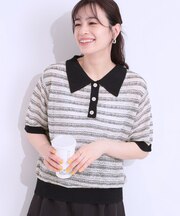 【S-LL】大人カジュアルコーデに 透かし編みボーダー ポロニット