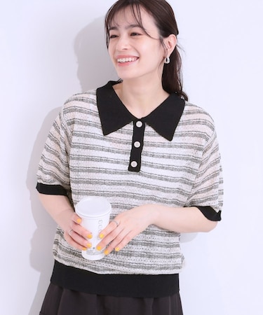 【S-LL】大人カジュアルコーデに 透かし編みボーダー ポロニット