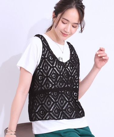 【S-LL/2点セット】大人カジュアルに レースビスチェ+プリントTシャツ