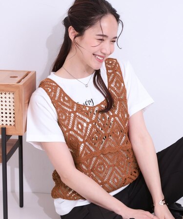 【S-LL/2点セット】大人カジュアルに レースビスチェ+プリントTシャツ