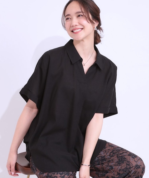 【S-LL/UV/ひんやり/抗菌防臭】体型を自然にカバー フレンチリネンブレンド襟付ドルマンシャツ