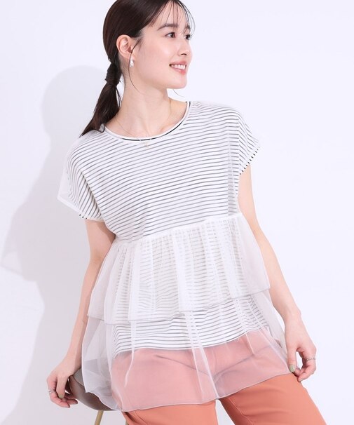【S-LL/2点セット】程よい甘さをプラス Tシャツ＋チュールトップス