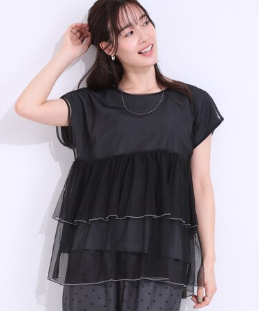 【S-LL/2点セット】程よい甘さをプラス Tシャツ＋チュールトップス