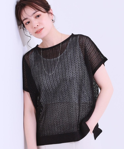 【S-LL/2点セット】程よいラメが上品 透かしニット＋タンクトップ