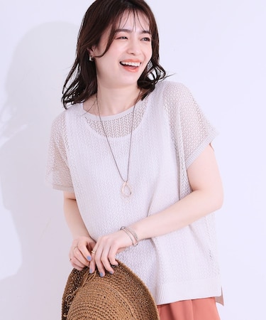 【S-LL/2点セット】程よいラメが上品 透かしニット＋タンクトップ