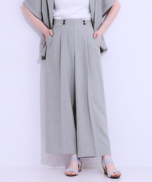【セットアップ可】麻調ストライプワイドパンツ
