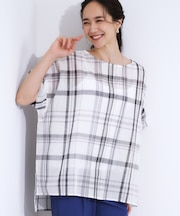 【S-LL/体型カバー】インせず着られる ポンチョシルエット シアーチェックブラウス