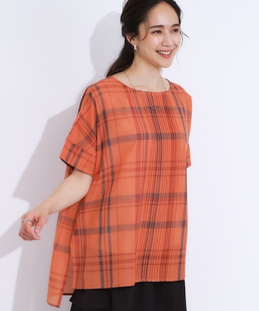 【S-LL/体型カバー】インせず着られる ポンチョシルエット シアーチェックブラウス