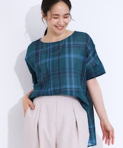【S-LL/体型カバー】インせず着られる ポンチョシルエット シアーチェックブラウス