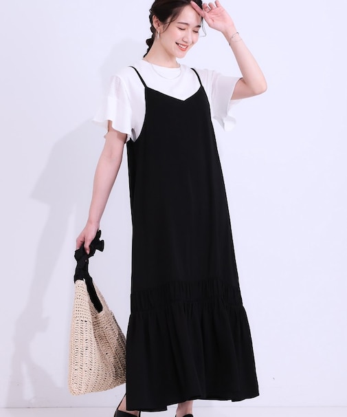 【ひんやり】シャーリングがアクセントに 大人のデザインキャミワンピース