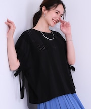 【S-LL/二の腕カバー】お袖ギャザーリボン アイレット刺繍トップス