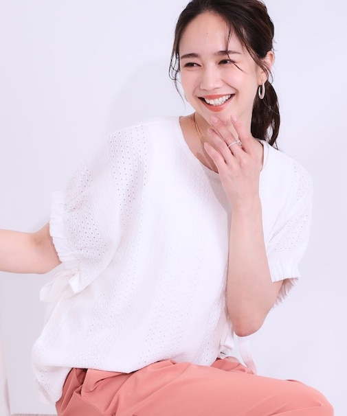 【S-LL/二の腕カバー】お袖ギャザーリボン アイレット刺繍トップス