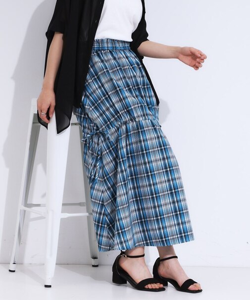 【S-LL】シルエットが変えられる チェック柄リボンフレアスカート